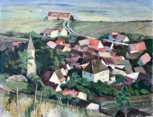 Buntes, lebendiges Bild-Blick auf Leinsweiler und den Leinsweiler Hof.