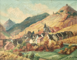 Blick auf Leinsweiler und auf Burgen Trifels, Scharfeneck und Anebos.